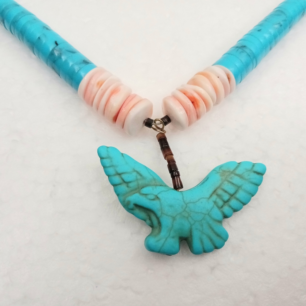 VTG Navajo Necklace Eagle Pendant Reconstituted Turquoise Graduated Discs 24" - Picture 3 of 17